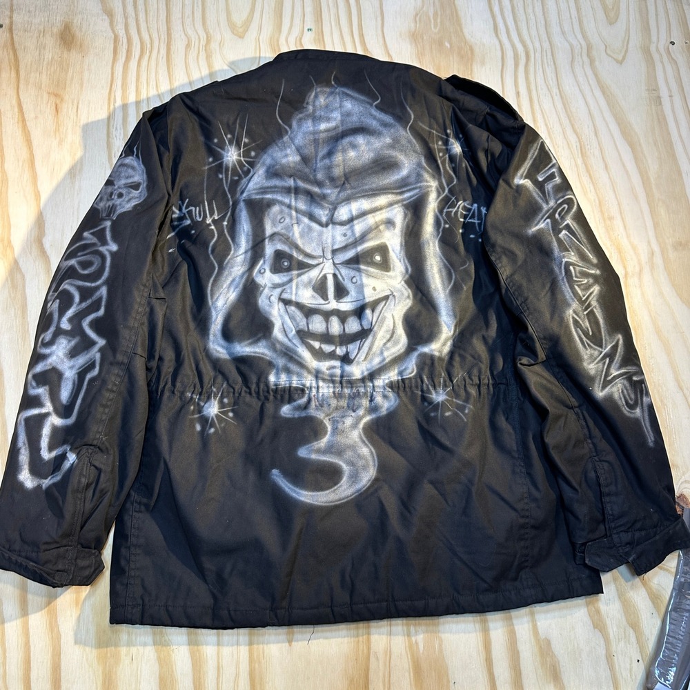 NXP Mens XL Black Airbrushed Skull Graphic Field Jacket New York Streetwear